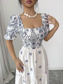 Elenzga Vestido de línea A con cintura ceñida, cuello cuadrado y estampado, elegante para vacaciones, uso diario, de manga corta - Multicolor - Ver 6