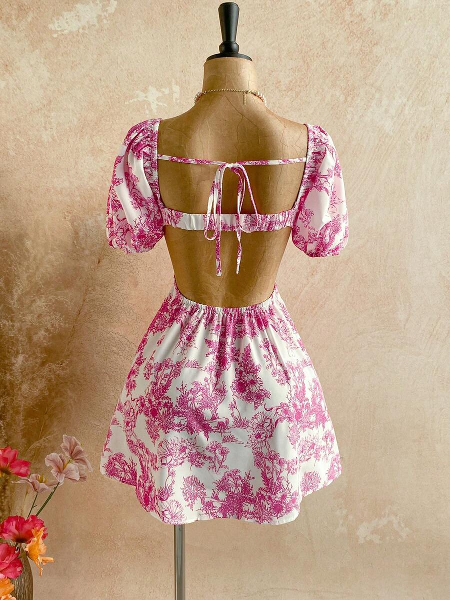 Soleia Women's Romantic Floral Print Puff Sleeve Draped Neck Backless Tie Waist A-Line Mini Princess Dress For Vacation Floral Dress Flower Dress Pink Floral Dress Cottagecore Dress Kawaii Dress Orchid Dress Vintage Clothes - Multicolor - View 1