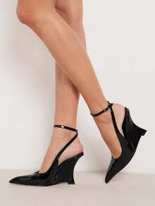 SHUZIA Women's Fashionable Sexy Pointy Toe Ankle Strap Wedge Pumps - Black - View 2