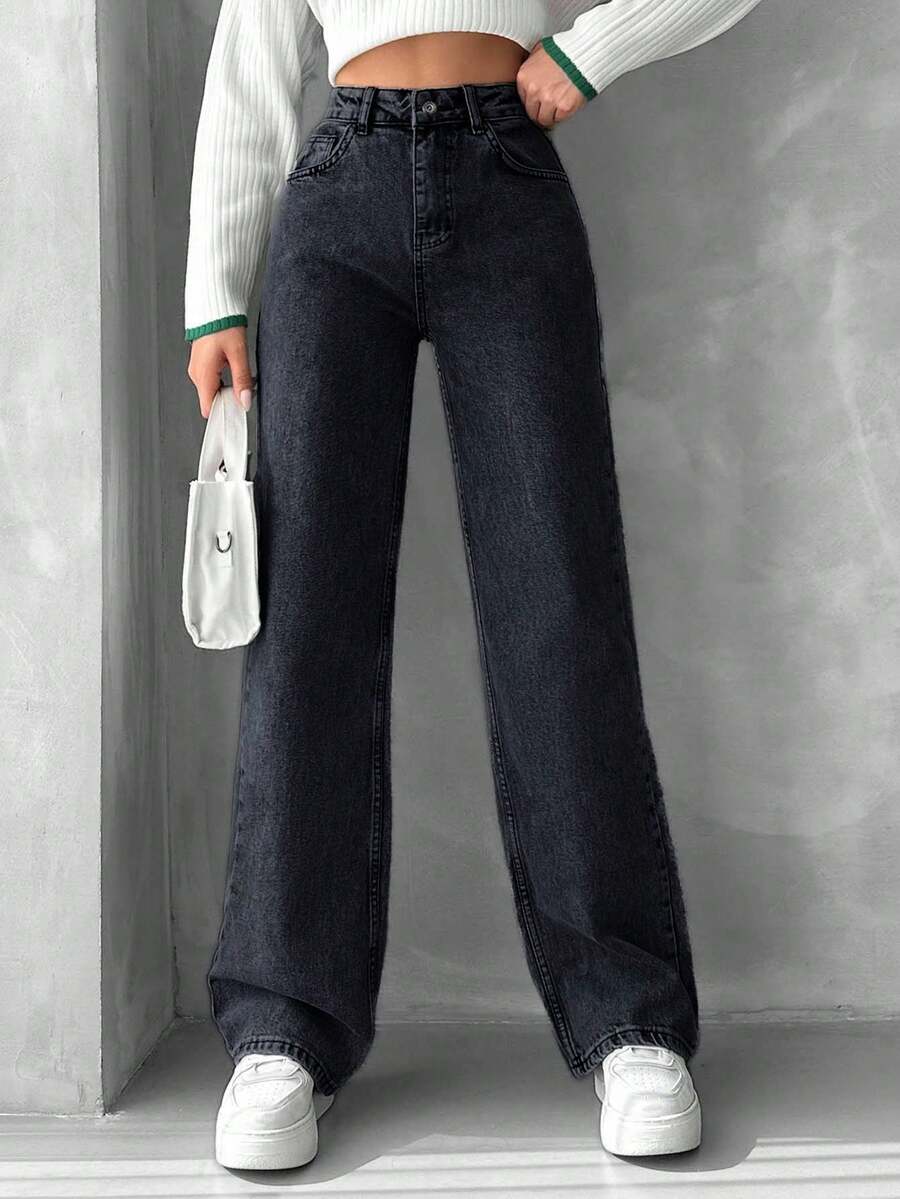 EURMUSE 100%Cotton High Waist Straight Leg Jeans - Dark Grey - View 1