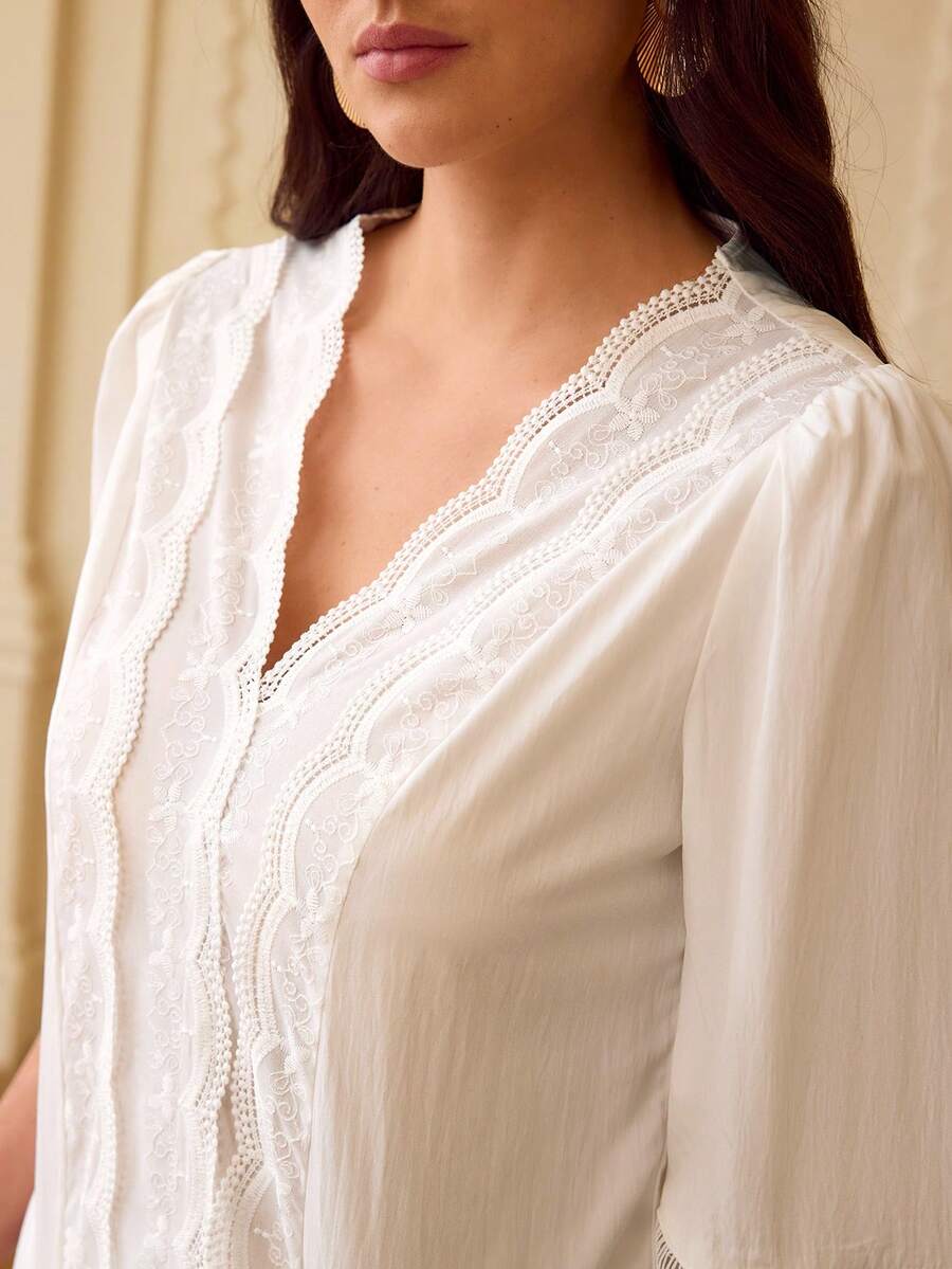 ZEYLAH 女士优雅通勤纯色花卉刺绣衬衫，夏季 - 白色 - 查看 1