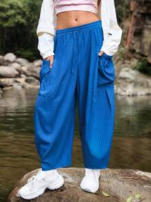 女士抽绳腰带蝴蝶结口袋阔腿条纹裤，休闲，春夏皆宜，适合外出穿着 - 藍色 - 查看 6