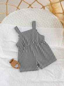 Newborn Baby Boy Casual Cute Cartoon Pattern Striped Bib Romper - Multicolor - View 2