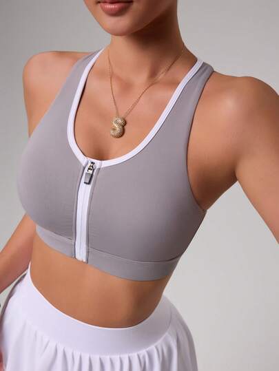 Slayform 灰白拼接运动文胸，可拆卸胸垫，前拉链设计，高支撑，工字背型