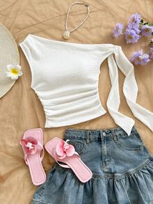 Soleia 度假风性感不对称肩带系带飘逸修身浅黄色女式上衣，适合派对、度假、音乐节、波西米亚风、假日约会、下午茶等场合。 - 白色 - 查看 6