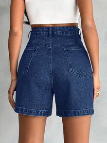 EURMUSE 100%纯棉高腰钢笔细节复古水洗 - 寶藍色 - 查看 2