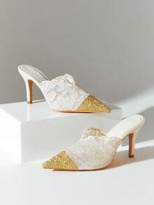 SHUZIA Women 's Romantic Chic Sexy Party Pointy Toe Lace Stiletto Mules - Apricot - View 7