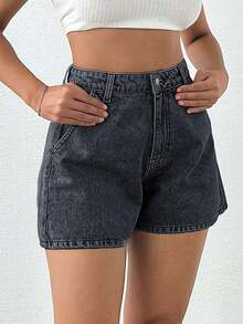 EURMUSE 女士夏季休闲日常斜插口袋阔腿牛仔短裤 - 灰色 - 查看 7