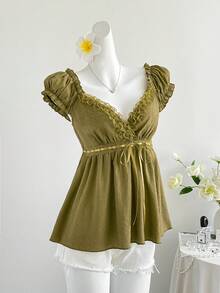 Elamini 复古V领性感蕾丝拼接蝴蝶结军绿色纯色新款百搭时尚夏季女式衬衫 - 軍綠色 - 查看 4