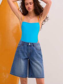 Athîral Denim 女士字母花卉图案口袋百慕大牛仔短裤 - 藍色 - 查看 2