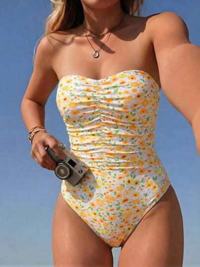 Swim Mod 可爱碎花褶皱女童连体泳衣，黄色碎花修身吊带泳装