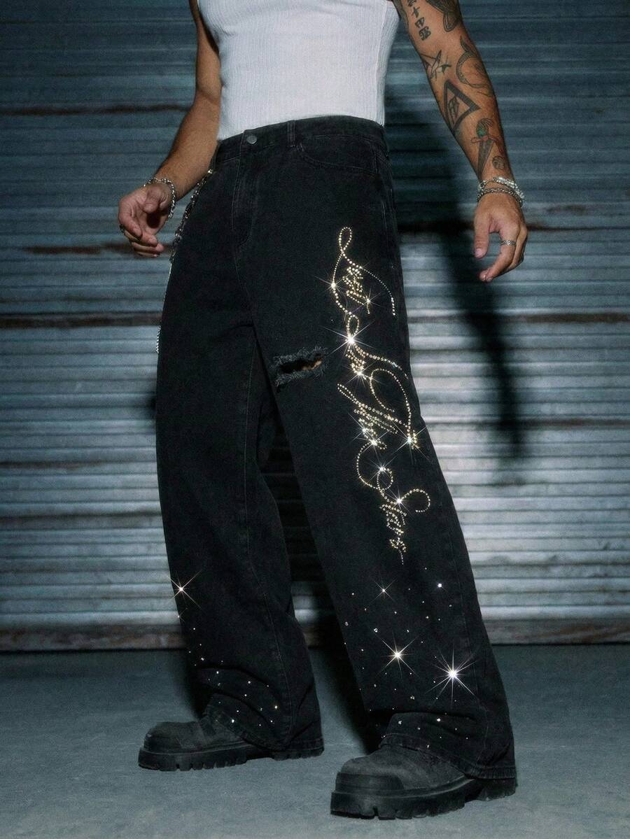 AXEPEAK Men's Washed Rhinestone Embellished Fashion Pants - Black - View 1
