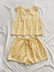SHEIN WYWH Bộ đồ đi nghỉ mát dành cho nữ, gồm áo tank top dáng chữ A rộng rãi, hở lưng, chất liệu vải có họa tiết, quần short cạp chun co giãn có túi, thích hợp cho bãi biển và bờ biển. - Màu vàng - Xem 5