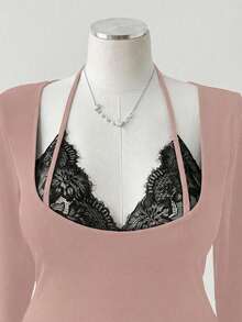 Sunspun 性感蕾丝拼接修身简约长袖T恤 - 粉色 - 查看 4