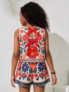 Travachic KIDS Bộ áo hai dây và quần short in hoa trang trí nơ cho bé gái tuổi teen, thích hợp cho kỳ nghỉ thường ngày. - Nhiều màu - Xem 8