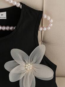 Girls' Elegant Black & White Sleeveless Dress,3D Floral Decor Round Neck Pleated Skirt,Summer Cute Modest Wedding Princess Style For Daily Wear - Black and White - View 5