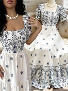 Elenzga Vestido de línea A con cintura ceñida, cuello cuadrado y estampado, elegante para vacaciones, uso diario, de manga corta - Multicolor - Ver 3