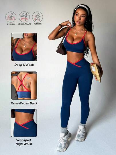 Core Rhythm Seamless High Stretch Sports Fitness Yoga Set, Bra And Pants, Fashion Color Blocking