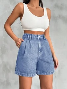 EURMUSE 100% Baumwolle High Waist Hose mit Vintage-Waschung und Details - Helle Waschung - Übersicht 5