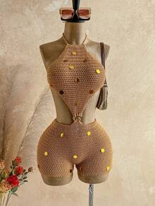 Soleia 女士度假纯色亮片装饰镂空设计露背针织连体衣 - 卡其色 - 查看 1