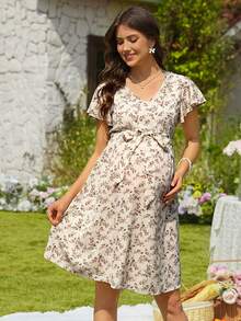 SHEIN Elegant Solid Color Apricot Floral Ruffle Hem Nursing Maternity Dress, - Multicolor - View 6