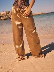 Aralina Luxury Satin Feel Wide Leg Relaxed Fit Adjustable Drawstring Waist Effortless Drape Modern Minimal Statement Pants - Brown - View 1