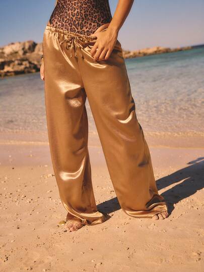 Aralina Luxury Satin Feel Wide Leg Relaxed Fit Adjustable Drawstring Waist Effortless Drape Modern Minimal Statement Pants