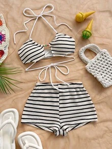 Soleia Bộ đồ 2 mảnh dành cho nữ mùa hè, gồm áo hai dây kẻ sọc và quần short. - Nhiều màu - Xem 1