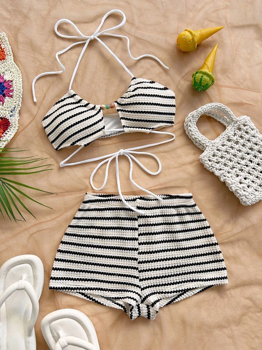 Soleia Bộ đồ 2 mảnh dành cho nữ mùa hè, gồm áo hai dây kẻ sọc và quần short. - Nhiều màu - Xem 1