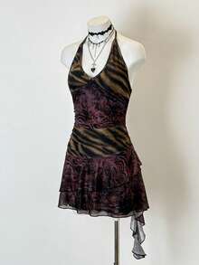 Jeanoix Retro Y2K Sexy Daring Avant-Garde Grunge Teenage Music Festival Casual Vacation Date Street Gathering Tiger Floral Print Halter Sleeveless Bodycon Ruched Mini Dress, Spring/Summer/Autumn - Multicolor - View 3