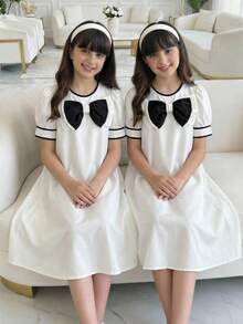 SHEIN Tween Girl Elegant Gorgeous Cute Colorblock Puff Sleeve A-Line Dress, Suitable For Parties, Gatherings And Outings Girls Matching Dresses Twin Girl Dresses - Black and White - View 2