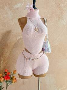 Soleia 两件套女士高领纯色毛衣背心套装 - 粉色 - 查看 1