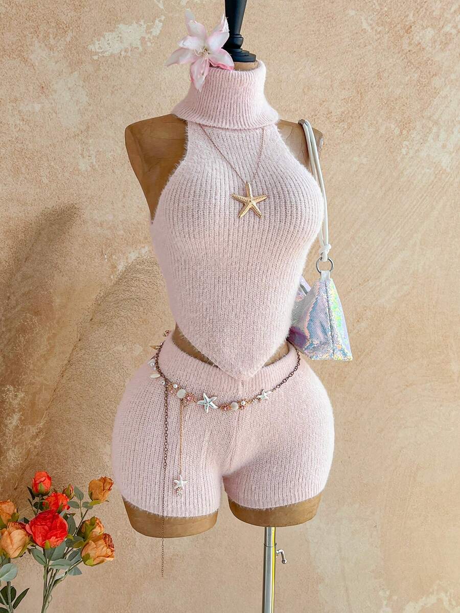 Soleia 两件套女士高领纯色毛衣背心套装 - 粉色 - 查看 1