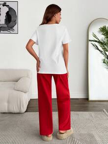 EURMUSE 100%纯棉女士白色撞色字母圆领短袖睡衣T恤+纯色长款睡裤柔软舒适休闲家居睡衣套装 - 紅白色 - 查看 2