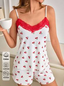 SHEIN Women Contrast Colour Lace Detail Rib Knit With Cherry Pattern Sleep Top&Shorts Homewear Pahama Set - White - View 1