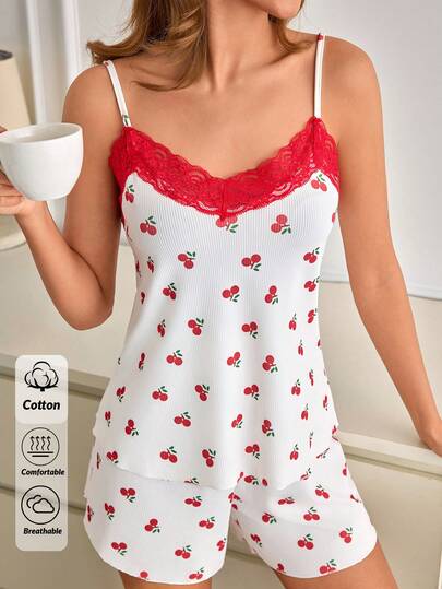 SHEIN Women Contrast Colour Lace Detail Rib Knit With Cherry Pattern Sleep Top&Shorts Homewear Pahama Set