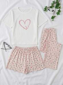 EURMUSE Damen Baumwolle 3-teiliges Homewear Pyjama Set mit Herz-Muster Kurzarmshirt, gestreifter LOVE Muster Shorts und Hose - Verschiedenfarbig - Übersicht 4