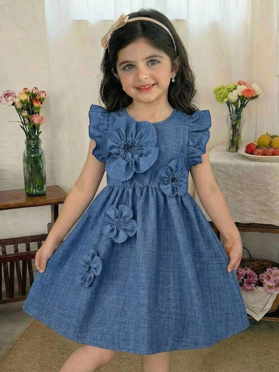 Young Girl Blue Fashionable Sleeveless Round Neck 5-Petal 3D Flower Collar Droplet Dress - Blue - View 1