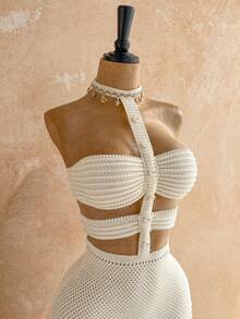 Soleia Women's Vacation Knit Textured Fringe Shell Strap Mini Dress, Sexy Party Date Beach Holiday Summer Outfit, Suitable For Holiday Date, Afternoon Tea, Wedding Season, Beach Cruise Vacation, City Road Trip Vacation, Boho Vacation, Music Festival - Beige - View 7