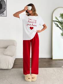 EURMUSE 100%纯棉女士白色撞色字母圆领短袖睡衣T恤+纯色长款睡裤柔软舒适休闲家居睡衣套装 - 紅白色 - 查看 6