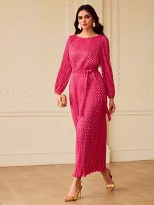 ZEYLAH 女士波点印花灯笼袖圆领优雅连衣裙 - 玫紅色 - 查看 5