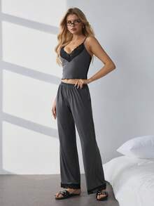 HautHeat Women's Summer Contrast Lace Camisole And Pants Pajama Set - Dark Grey - View 6