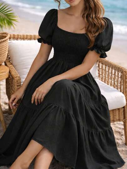 Vestido Largo tipo Campesino. Pecho de Ligas para Ajuste Perfecto.  Ligero, Fresco, Cómodo.
