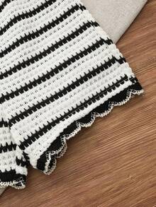 Cozy Pixies 女婴条纹撞色荷叶边无袖上衣和松紧腰短裤两件套 - 黑與白 - 查看 7