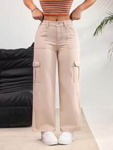 Rivivi Women's Loose Fit Wide Leg Casual Versatile Cargo Jeans - Khaki - View 1