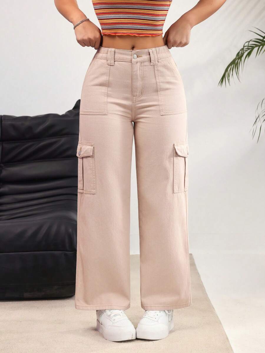 Rivivi Women's Loose Fit Wide Leg Casual Versatile Cargo Jeans - Khaki - View 1