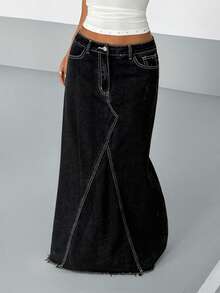 StreetHx 女士十字绣毛边休闲牛仔裙 - 黑色 - 查看 3