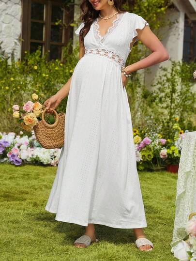 SHEIN Maternity V-Neck Ruffle Waist Flare Sleeve Solid Color Dress