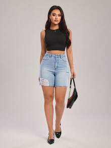 SHEIN Tall Shorts vaqueros de cintura alta con bolsillos y dobladillo deshilachado para mujer, para mujeres altas - Azul - Ver 4