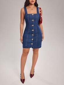 SHEIN Tall Women's Square Neck Floral Single-Breasted Sleeveless Fitted Denim Dress, Tall Women - Medium Wash - View 8